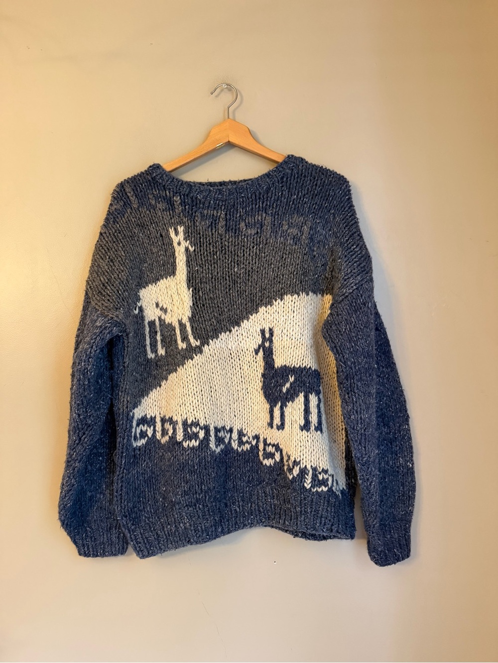 Vintage Wool Sweater HandMade Women’s Mens Llama Blue Cream Unknown Maker
